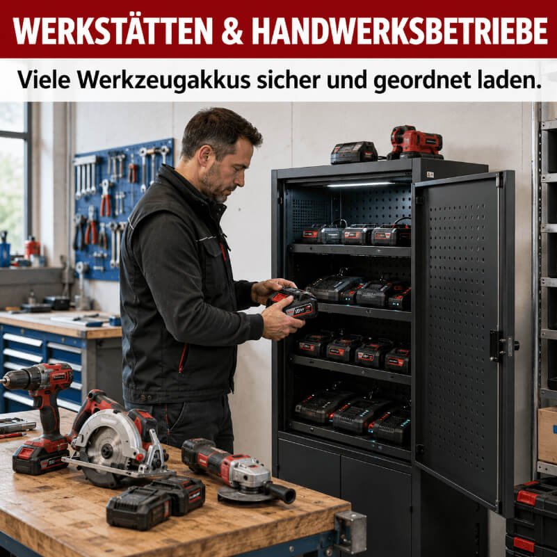 Akkus sicher laden und lagern 3 Akkus sicher laden und lagern für Werkstätten und Handwerksbetriebe