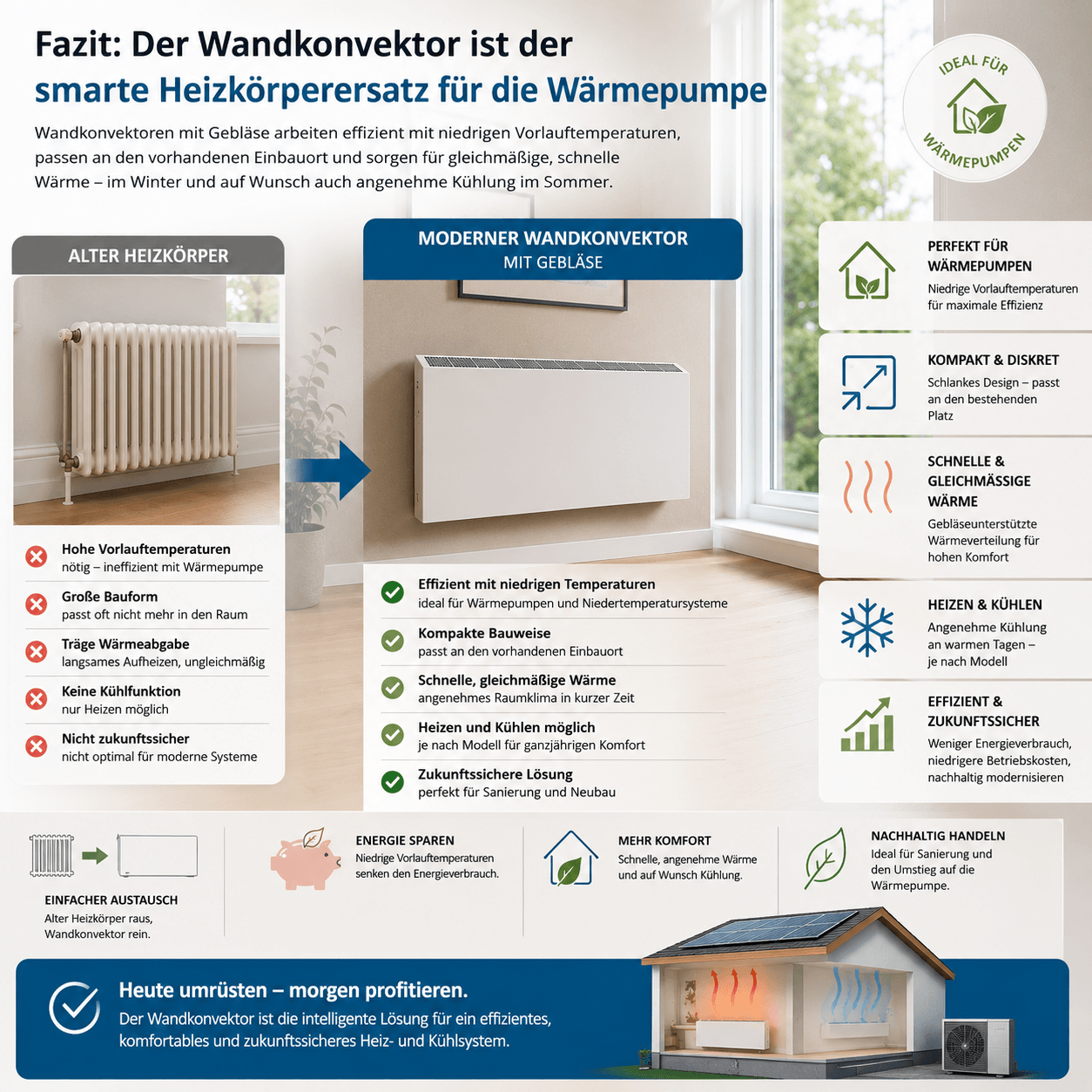 Wandkonvektor statt Heizkörper: Ideal für Wärmepumpe 4 Zusammenfassung Wechsel Heizkörper zu Wandkonvektor mit Gebläse